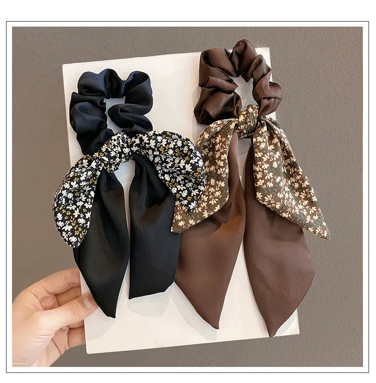 2024 New Korean Floral Bowknot Hair Ties for Women Girls Sweet Elastics Long Ribbon Ponytail Scarf Hair Tie Hair Accessories