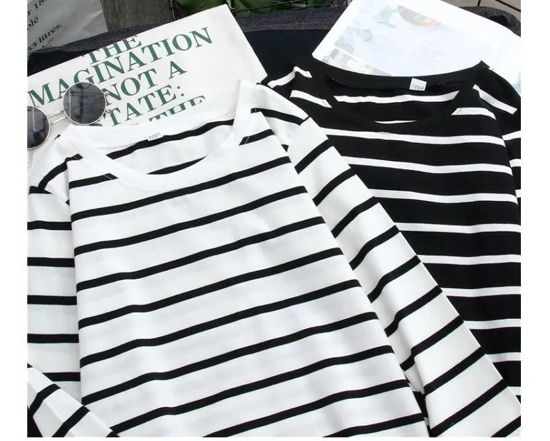 1PC Spring and Autumn Winter Black Striped Top with Foreign Style Ins Bottom Shirt Women Long Sleeve T-shirt
