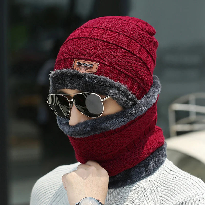 3Pcs/Set Winter Warm Cap Scarf Gloves Men Thermal Windproof Thickened Knit Hats For Running Cycling Outdoor Sports