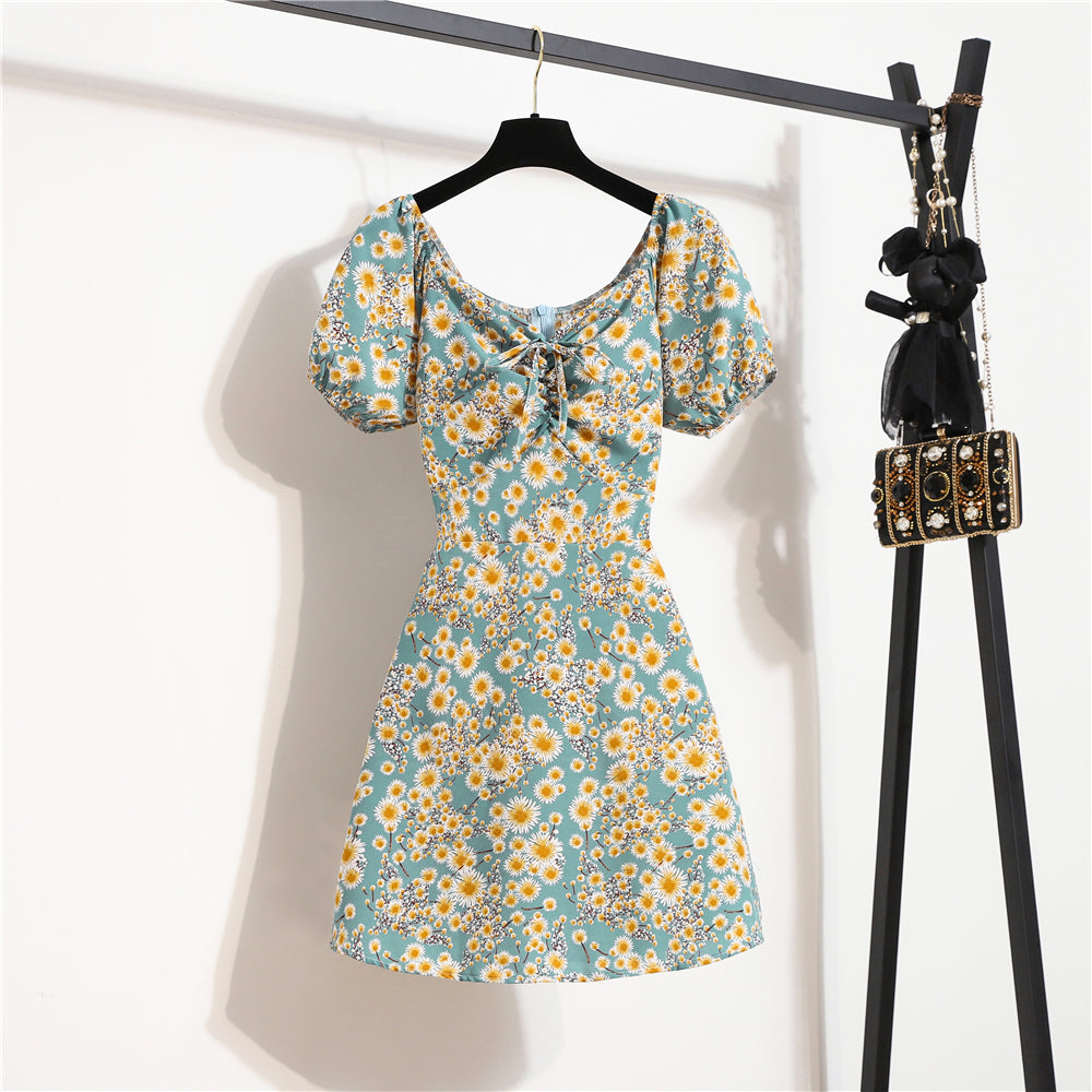 Mini robes d'été pour femmes, mode féminine, imprimé floral, en mousseline de soie, froncée, manches courtes bouffantes, robe décontractée