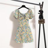 Mini robes d'été pour femmes, mode féminine, imprimé floral, en mousseline de soie, froncée, manches courtes bouffantes, robe décontractée