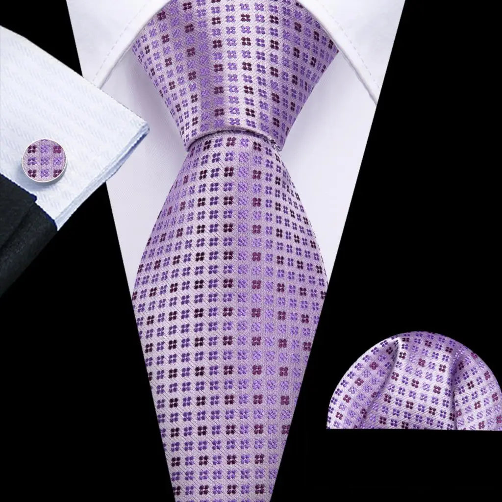 Barry.Wang Purple Lilac Lavender Silk Mens Tie Handkerchief Cufflink Set Jacquard Floral Necktie for Male Wedding Business Party