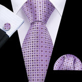 Barry.Wang Purple Lilac Lavender Silk Mens Tie Handkerchief Cufflink Set Jacquard Floral Necktie for Male Wedding Business Party