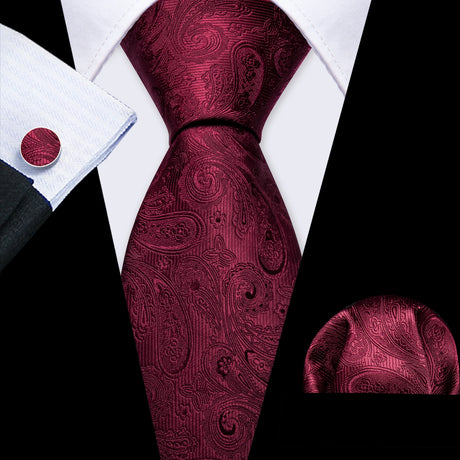 Barry.Wang Red Maroon Burgundy Rose Silk Men's Tie Pocket Square Cufflinks Set Jacquard Necktie for Male Wedding Business Party