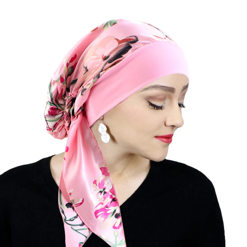 Women Satin Printed Turban Hat Stretch Wide-brimmed Nightcap Fashion Pre-tie Turban Wrap Head Cap Casual Durag Pirate Hat