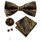 Hi-Tie Luxury Gold Silk Bow Ties for Men Fashion Men's Yellow Bowtie Handkerchief Cufflinks Brooch Set butterfly  Wedding Set