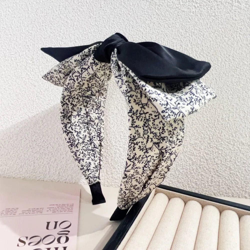 Elegant Floral Black White Hairbands for Women Girls Wide Edge Soft Hair Hoops Big Bowknot Cross Headband Hair Styling Tool Gift