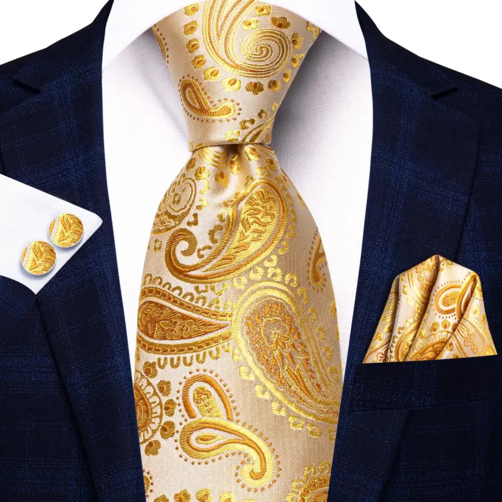 2022 New Design Yellow Gold Paisley Fashion Brand Tie for Men Wedding Party Necktie Handky Cufflinks Gift Wholesale Hi-Tie