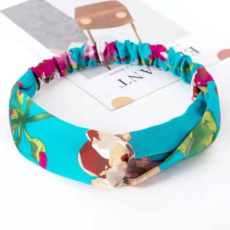 Fashion WomenFloral Headband Hair Accessories Leopard Cross Knotted Bow Chiffon Hair Band Girls Headdress Ladies Hoop Headwear