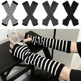 Y2K Gothic Lolita Gloves Arm Cover Harajuku Arm Warmers Black Grey Striped Fingerless Punk Long Wristband Metallic Unisex Gloves