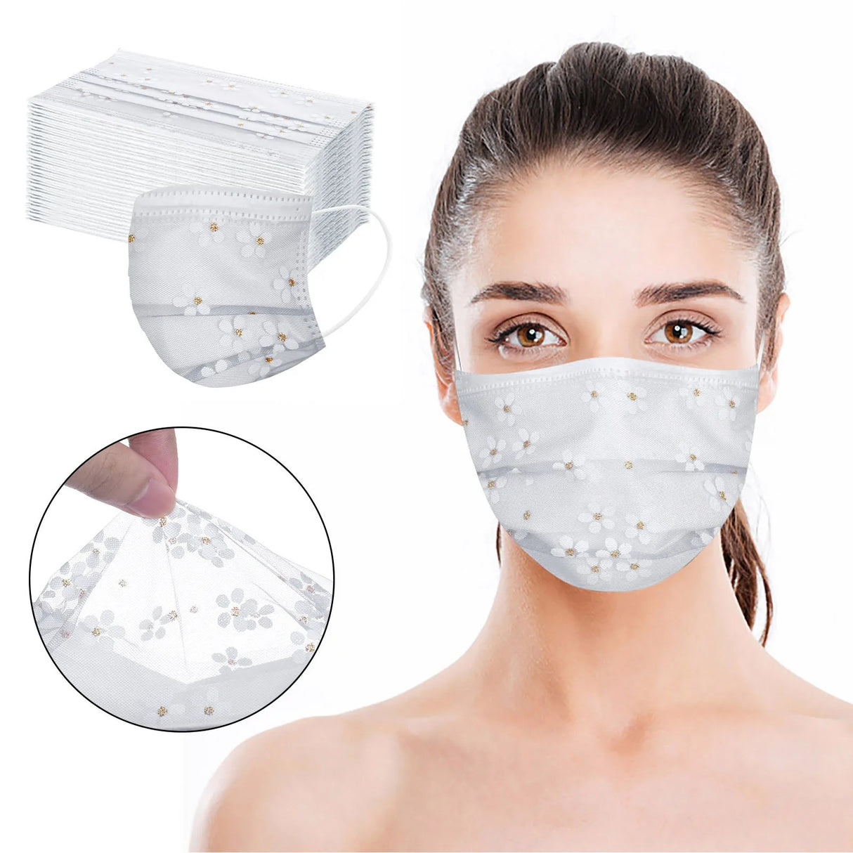 50pcs Mask Adult Net Yarn Flowers Four-Layer Disposable Protective Printing Mask Mouth Face Mask Breathable Earloops