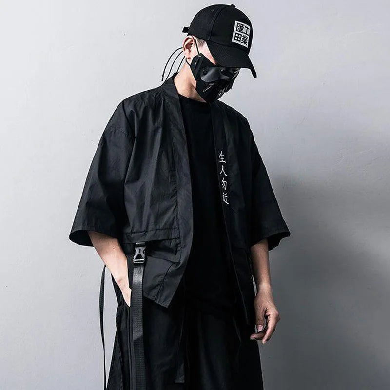 Men's Taoist Robes Japanese Harajuku Techwear Short-sleeved Women Men Shirt Thin Streewear y2k Ribbons Casual Baggy Clothes