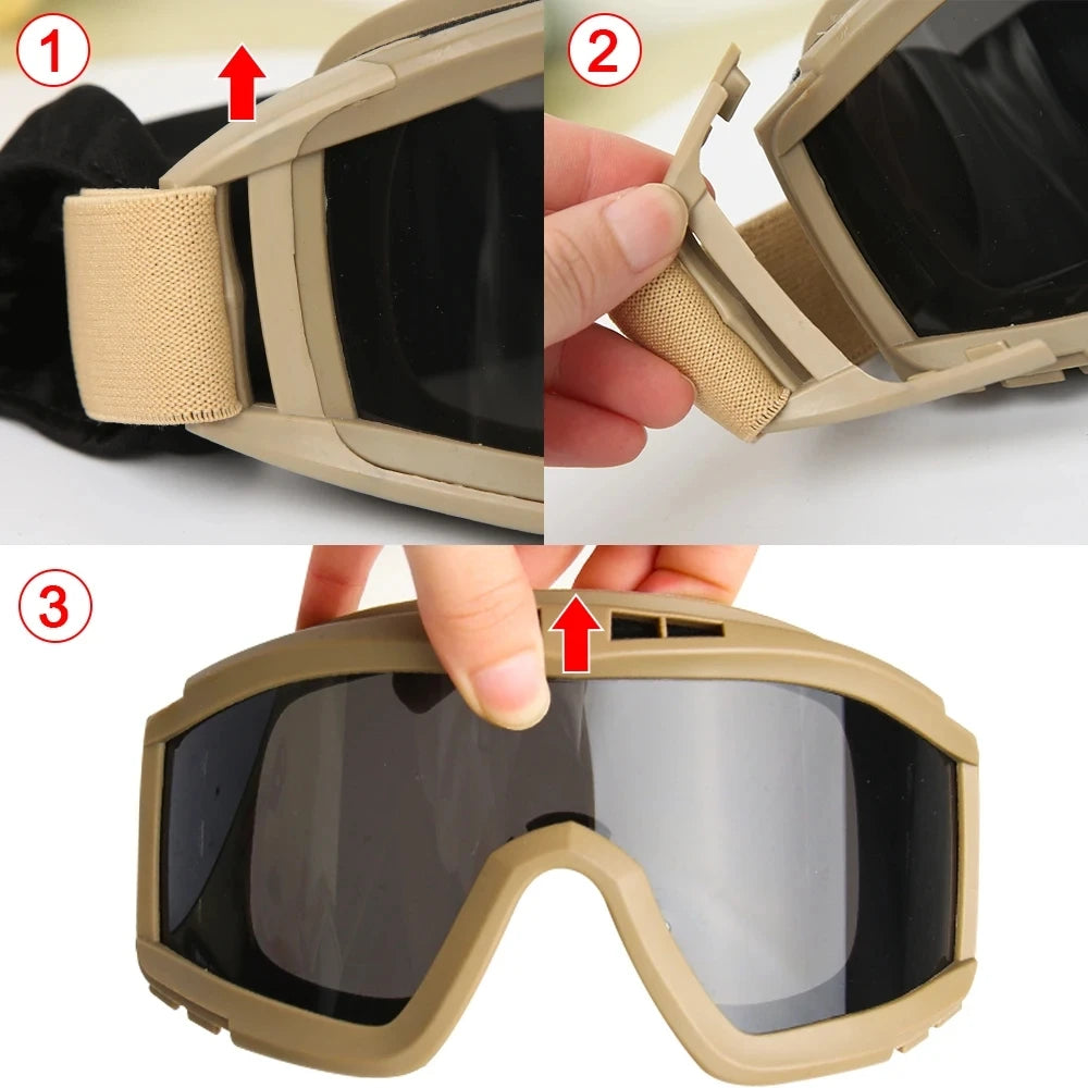 Outdoor Airsoft Tactical Goggles 3 Lenses Wind and Dust Resistant Shooting Motocross Mountaineering Glasses CS Safety Protection