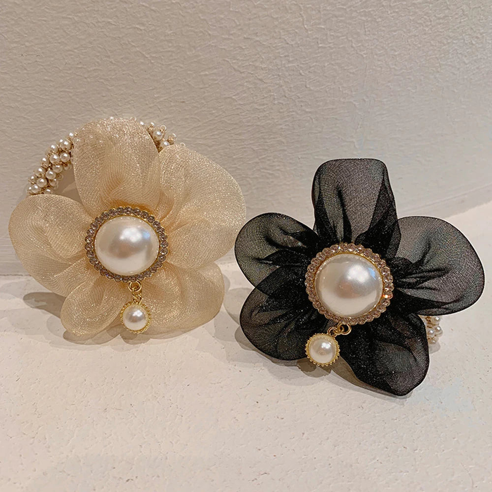 Flower Rhinestone Pearl Hair Elastics Ties Korean Version Headband Ponytail Hair Holder Hair Accessories for Girl and Women