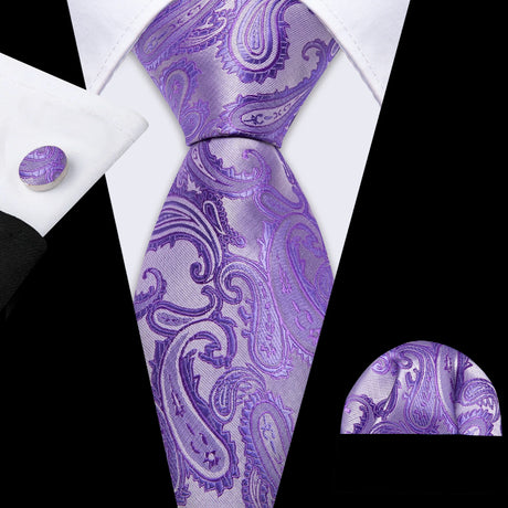 Male Gift Silk Men Tie Set Purple Violet Solid Paisley Striped Wedding Business Tie for Man Necktie Handky Cufflinks Barry.Wang