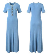 Elegant Contrasting Women Knit Maxi Dress Chic O-neck Short Sleeve Metal Buttons Bodycon Dresses Office Lady Commuting Robe