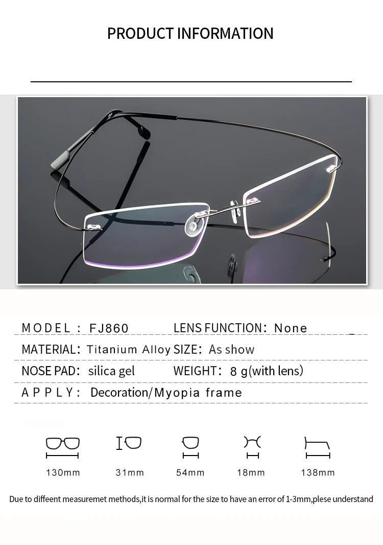 Titanium Alloy Ultra-Elastic Frameless Metal Glasses Frame for Men and Women, Rimless Myopia Prescription Glass Frames FJ868
