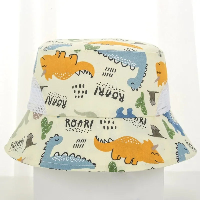 Cute Cartoon Printing Bucket Baby Hat Cotton Breathable Kids Fisherman Hat Infant Toddle Sun Hat with Drawstring for 1-5 Years