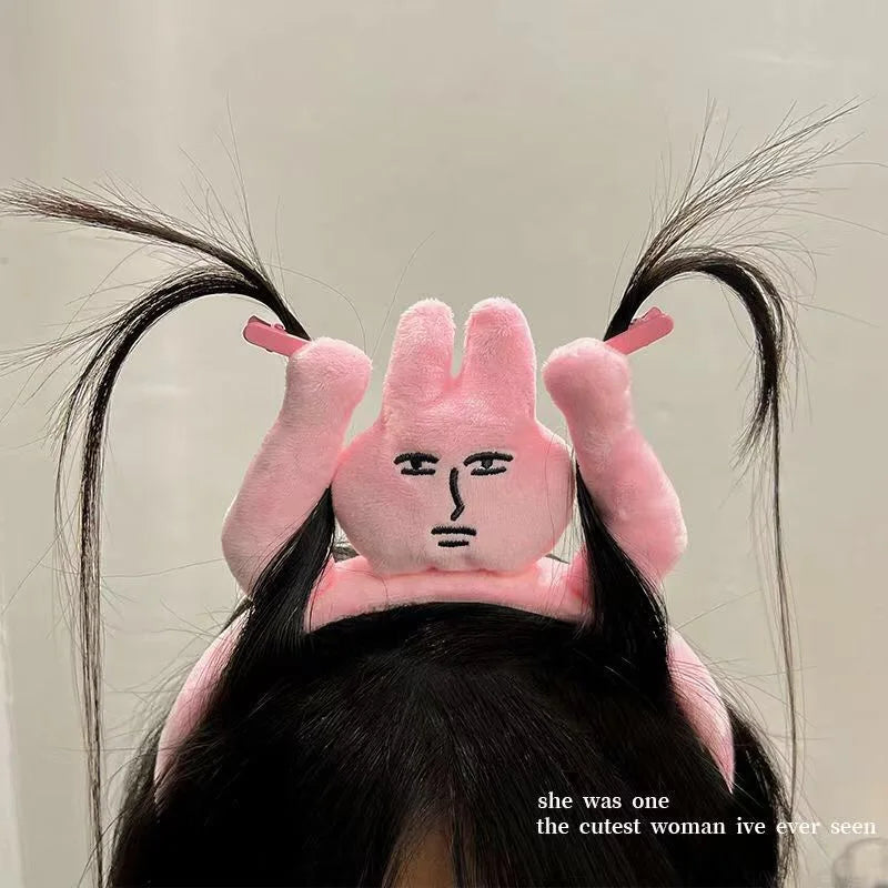 Funny Pink Bunny Headbands Grab Hair Cartoon Headdress Cosplay Anime Muscle Rabbit Halloween Party Costumes Accessories Gifts