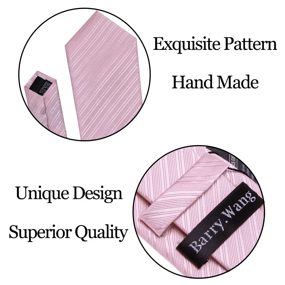 Elegant Pink Ties For Men Luxury Silk Stripe Pocket Square Cufflinks Set Fashion Male Necktie Groom Wedding Gift Barry.Wang 5090