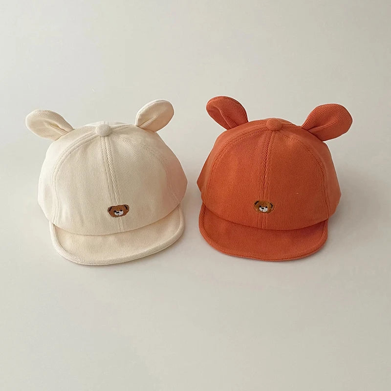 Cartoon Bear Baby Baseball Hat with Ears Cute Solid Color Infant Peaked Cap Kawaii Spring Summer Kids Cotton Sun Hats