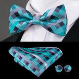 Hi-Tie Christmas Green Bow Ties for Men Silk Butterfly Tie Bow Tie Hanky Cufflinks Set Wedding Party Paisley Plaid Solid Bowtie