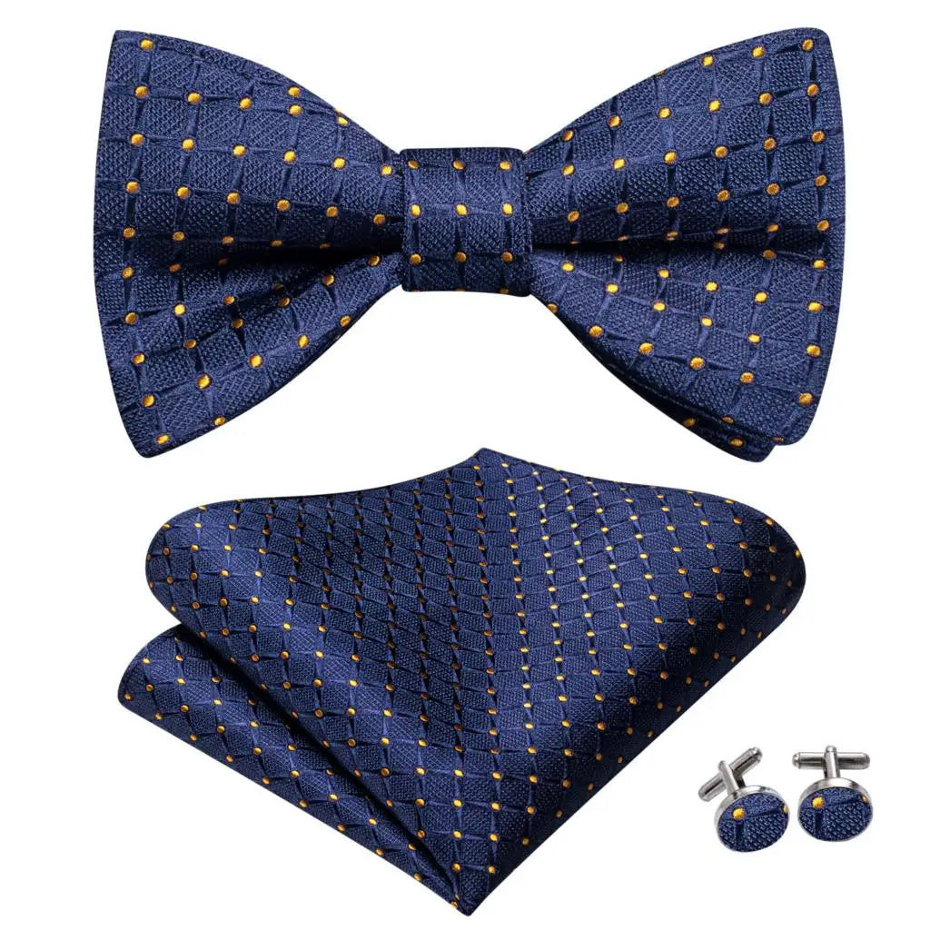 Hi-Tie Silk Mens Self Bow Tie Hanky Cufflinks Set Blue Red Gold Black White Male Jacquard Butterfly Knot Bowtie Wedding Business