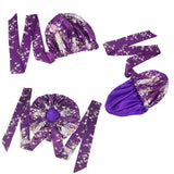 Soft Silky Print Satin Bonnet for Women Large Nightcap with Long Satin Ribbon Tie Band Bonnet Adjustable Wide Band Head Wrap Hat