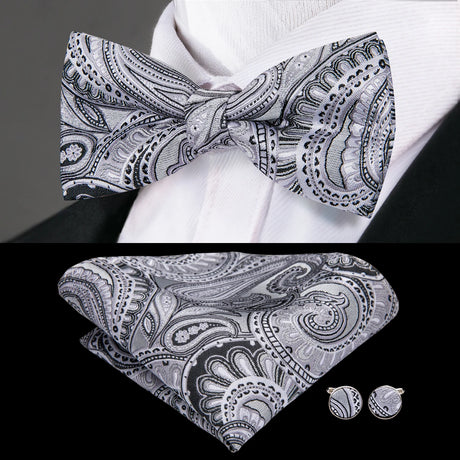 Hi-Tie Black White Silver Grey Brown Silk Mens Bow Tie Hankerchief Cufflinks Set Pre-tied Butterfly Knot Adjustable Bowtie Male