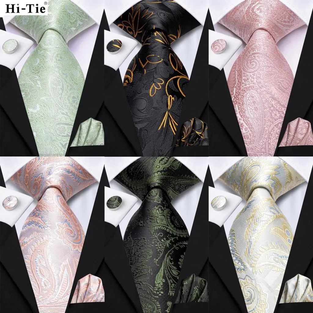 Hi-Tie Men Fashion Paisley Sage Green Necktie Handkerchief Cufflinks for Tuxedo Accessory Classic Silk Luxury Tie for Man Gift