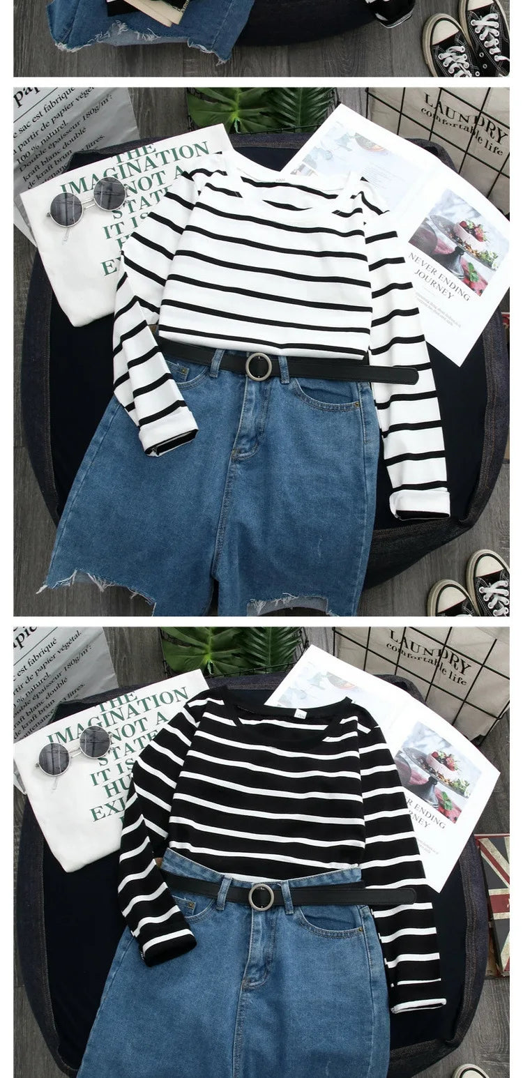 1PC Spring and Autumn Winter Black Striped Top with Foreign Style Ins Bottom Shirt Women Long Sleeve T-shirt