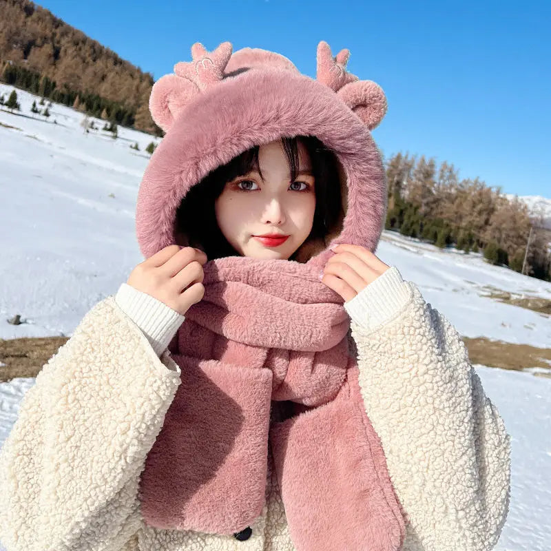 2023 New Fashion Scarf Hat Glove Women Cute Big Ear Bunny Beanie Winter Warm Soft Thickening Pocket Warm Ear Hats Hooded Skullie