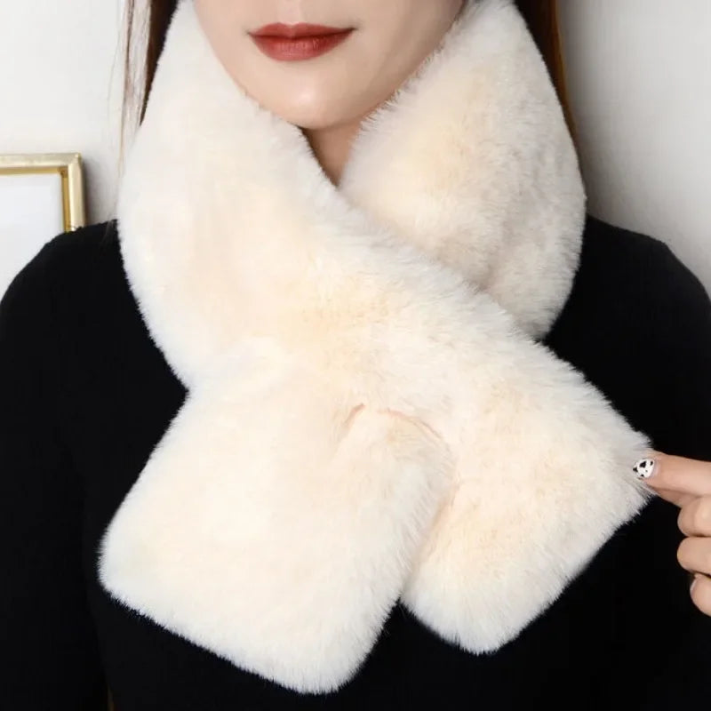 Plush Cross Scarf Faux Rabbit Fur Thickened Soft Scarves Solid Color Autumn Winter Cold Resistant Women Neck Warmer Collar Scarf