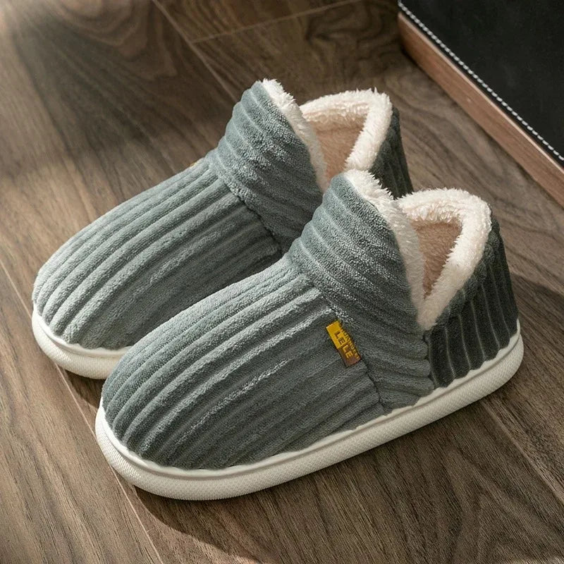 Winter Couple Style Concise Stripes Wrap Heels Plush Slippers Ladies' Non-slip Soft Warm Flip Flops Men Home Casual Cotton Shoes