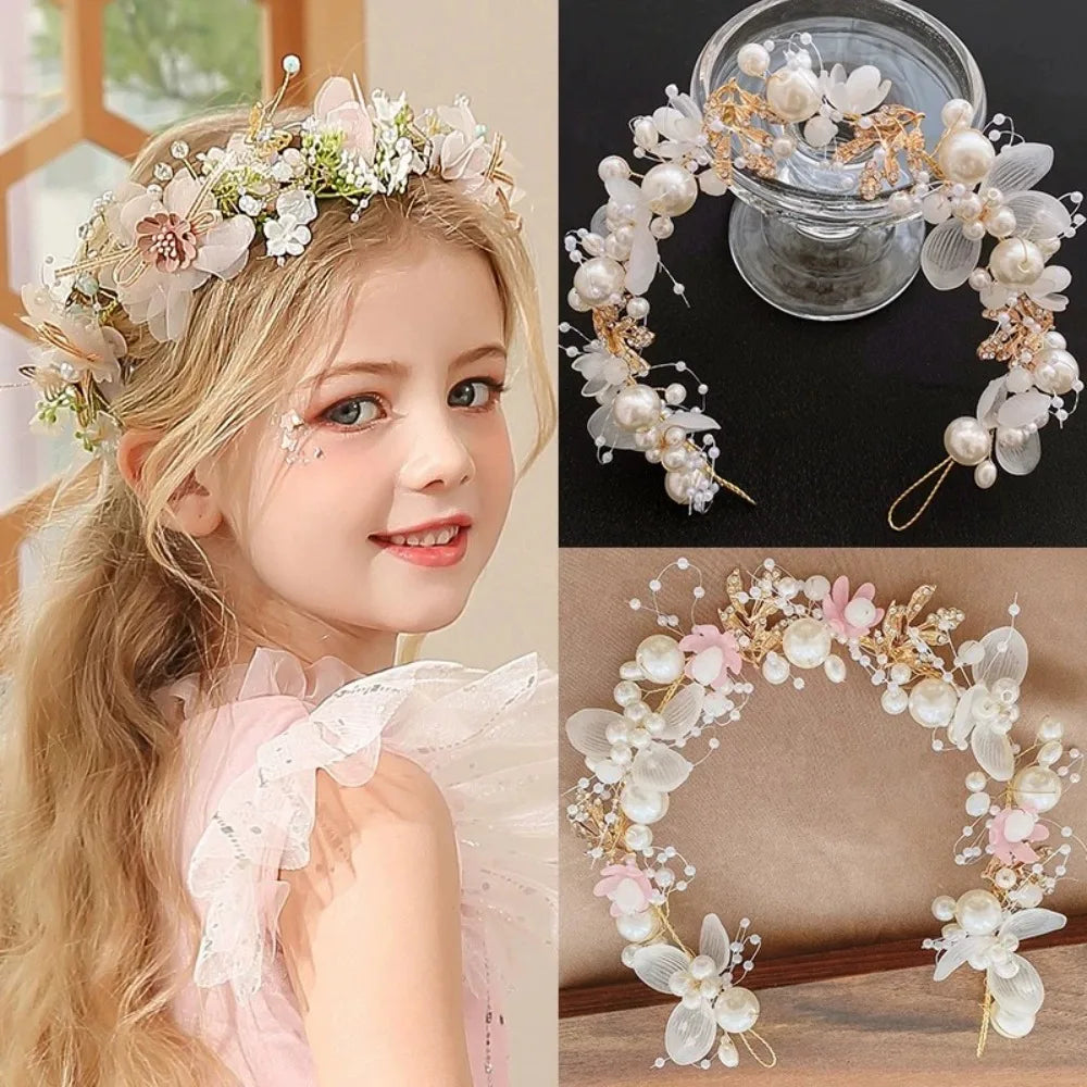 Elegant Girls Headband Lmitated Pearl Hair Headdress Baby Girls Flower Wreath Bride Garland Head Hoop Wedding Headbands Hair