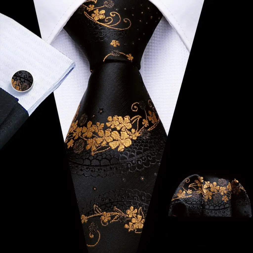 Barry.Wang Flower Silk Men Tie Hankerchief Cufflink Set Plum Blossom Rose Spiraea Necktie Cravat for Male Wedding Party Business