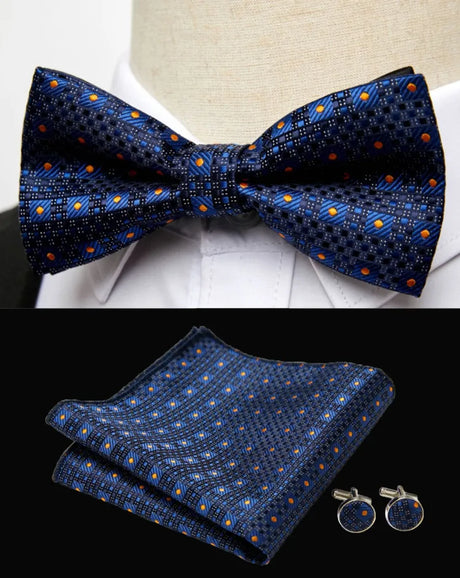 HUISHI Classic Blue Bowties For Men  Paisley Floral Bow Tie Pocket Square Cufflinks Suit Set Wedding Party Plaid Solid Butterfly