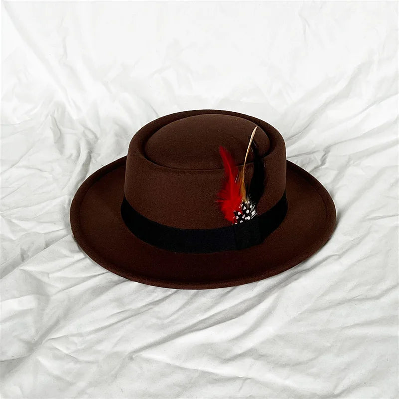 convex top classic fedora hat small flat top pearl feather men's felt hat polk pie coffee top hat gorras para hombres