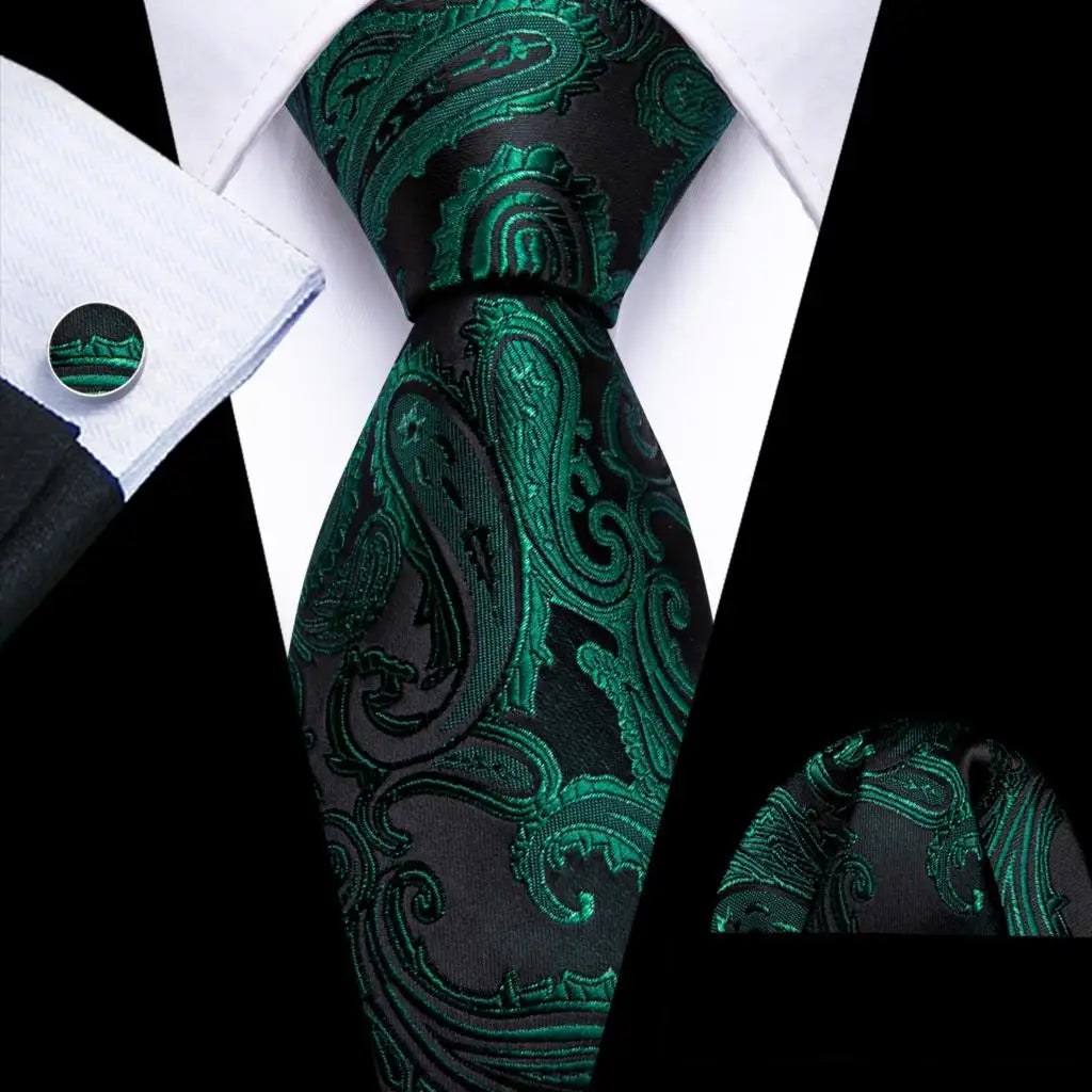 Luxury Silk Mens Ties Set Black Green Leaves Floral Neck Tie Handkerchief Cufflinks Set Wedding Business Party Barry·Wang 5938