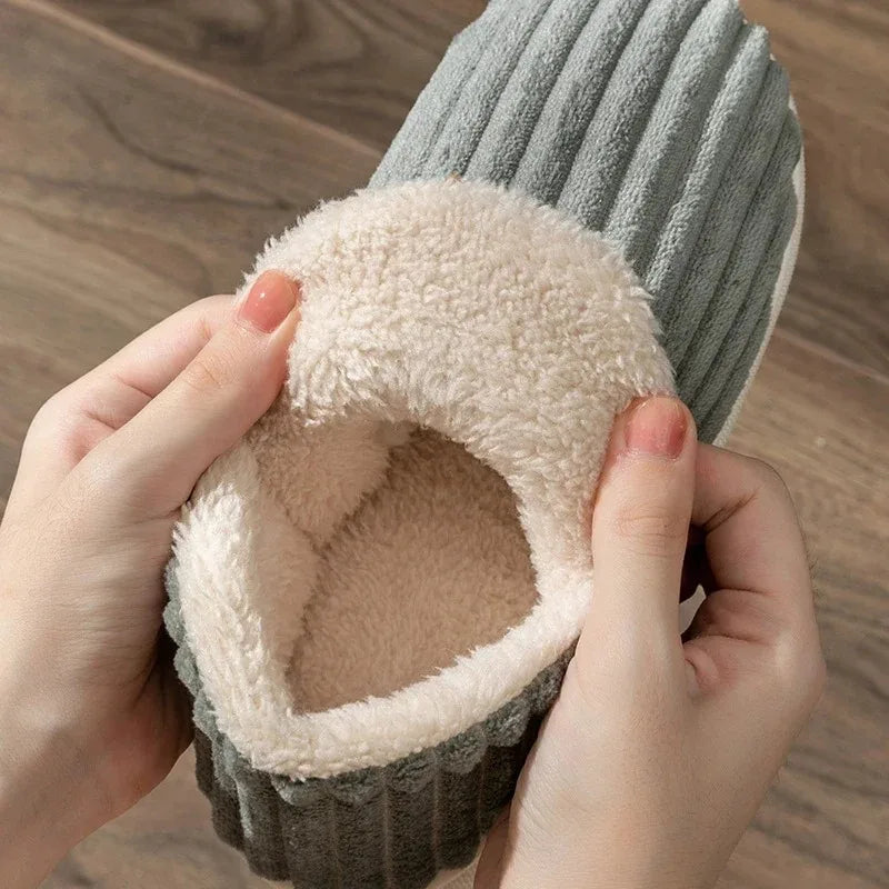 Winter Couple Style Concise Stripes Wrap Heels Plush Slippers Ladies' Non-slip Soft Warm Flip Flops Men Home Casual Cotton Shoes