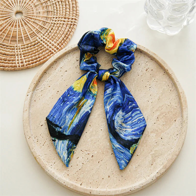 Korean Women Elegant Oil Painting Bow Elastics Hair Band Exquisite Scrunchies Hair Ties Ponytail Holder Girls Hair Accessories