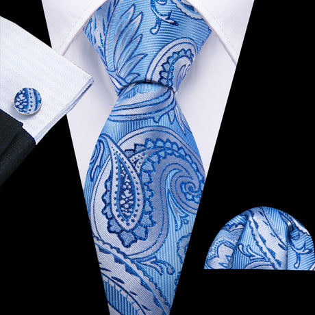 New Blue Silk Ties High Quality For Men Classic Plaid Woven Handkerchife Cufflinks Sets Groom Wedding Designer Barry.Wang 1535