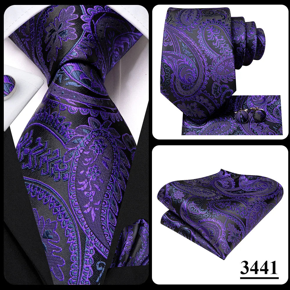 Hi-Tie Purple Lilac Floral Striped Silk Elegant Tie For Men Groom Wedding Men Necktie Pocket Square Cufflink Accessory Wholesale