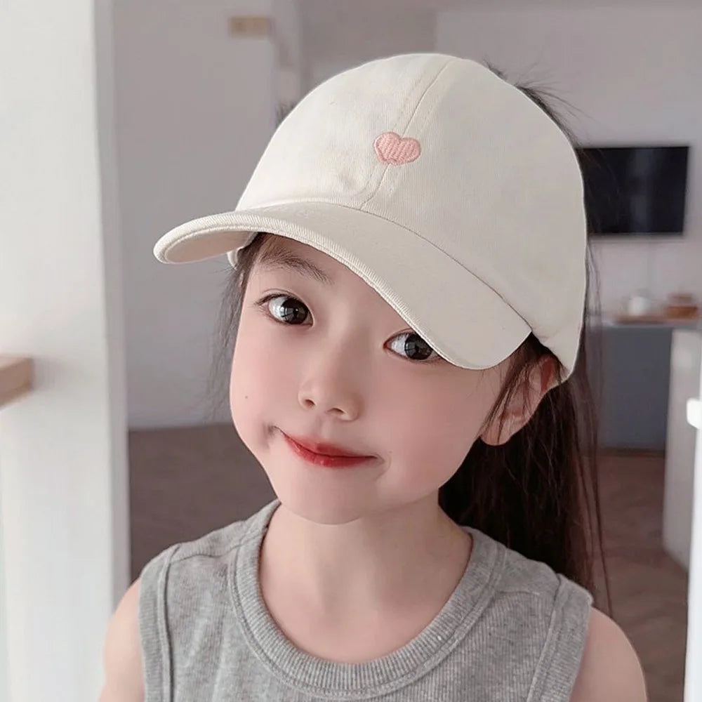 Love Heart Kids Baseball Caps Adjustable Large Brim Sun Hat Solid Color Hollow High Ponytail Caps for Boys Girls