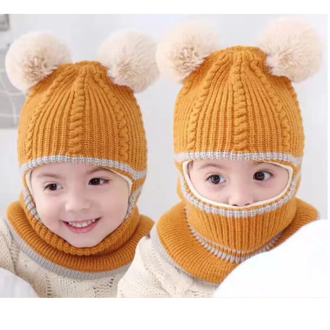 2-4year kid's knitted hat winter warm woolen hat  mask scarf one-piece