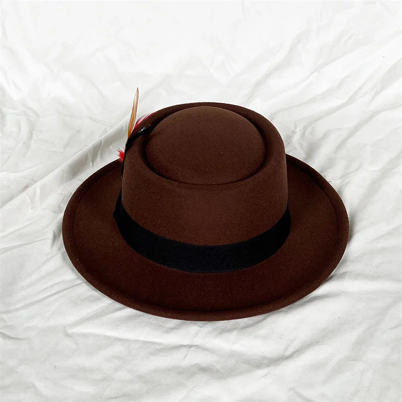 convex top classic fedora hat small flat top pearl feather men's felt hat polk pie coffee top hat gorras para hombres