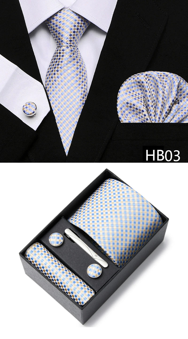 Gravatas For Men Newest design Silk Tie Handkerchief Cufflink Set Necktie Box Striped Blue Office