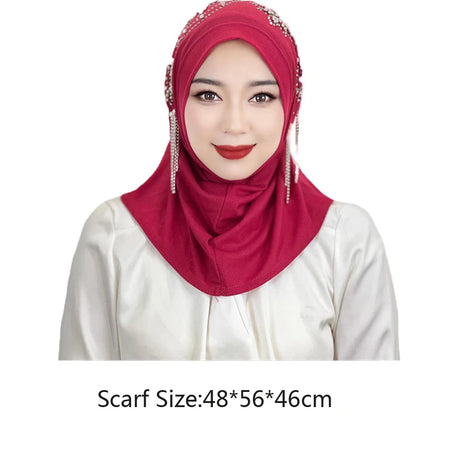 Muslim Women Shawl Temperament Solid Colour Diamonds Tassel Simple Hijab Scarf Women's Headscarf Floral Pattern Bottoming Cap