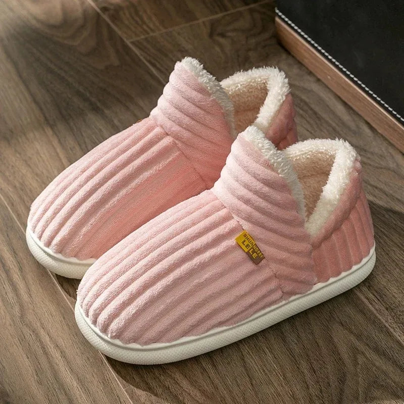 Winter Couple Style Concise Stripes Wrap Heels Plush Slippers Ladies' Non-slip Soft Warm Flip Flops Men Home Casual Cotton Shoes