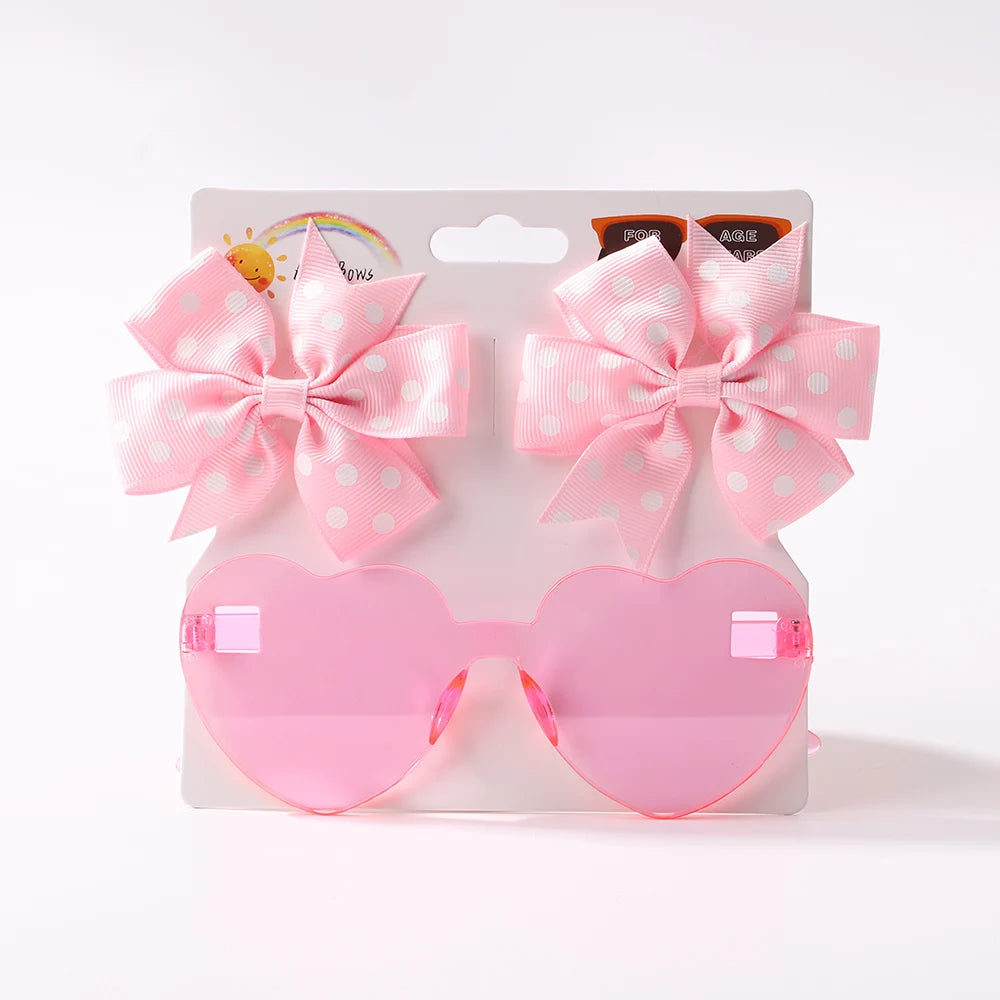 3Pcs/set Cute Solid Kids Dot Hairpin Colorful Heart Sun Glasses Set Girls Boutique Bowknot Hair Clips Children Hair Accessories